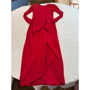 Vintage 80s Tadashi Red Sheer Bejeweled Wrap Style Dress Size Medium